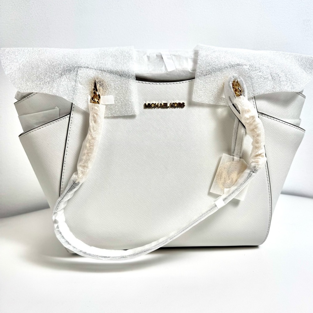 NWT Michael Kors Shoulder Bag Jet Set Large Saffiano Leather Optic White w Gold